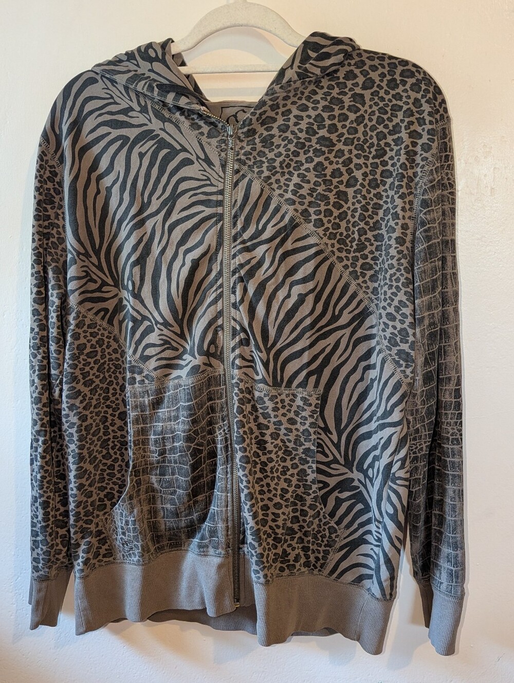 Men's Mixed Animal Print Zip Hoodie Sweatshirt - Gray Size L